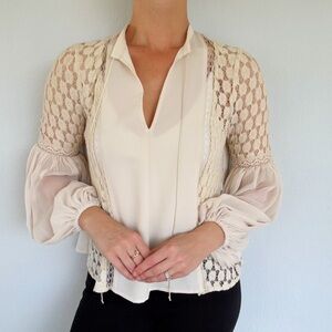 Ecoté cream off-white semi-sheer crochet lace balloon sleeve blouse size small